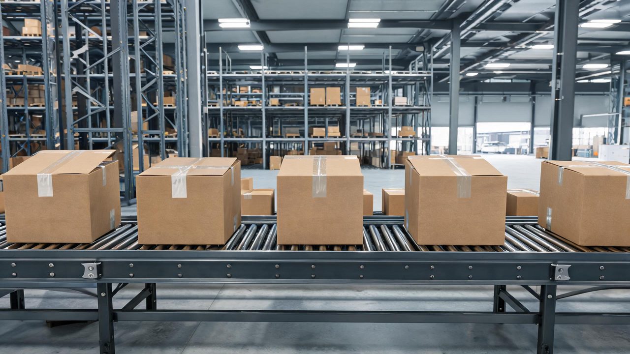 Cartons sealed with BOPP packing tape on a conveyor